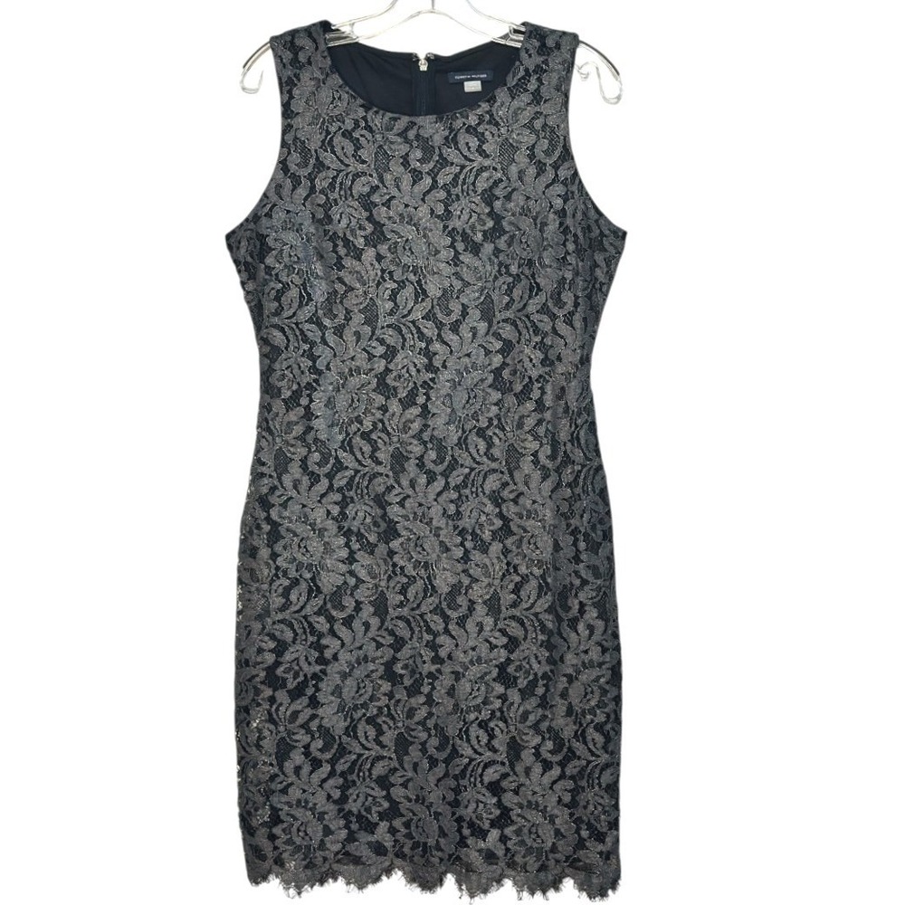 Tommy Hilfiger Sheath Dress Womens Black Silver Metallic Floral Lace Cocktail  8